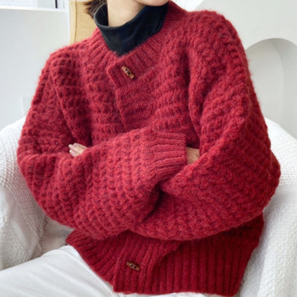 Wool Blend Coat - Women's Chunky Knit Cardigan, Textured Honeycomb