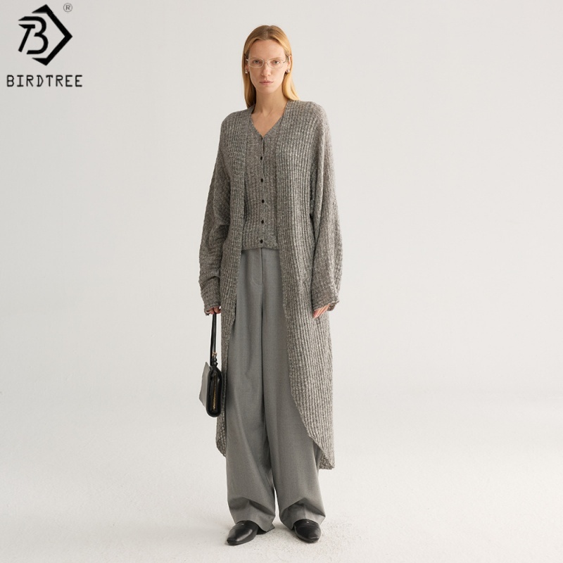 Wool Blend Coat - Birdtree, Wool Blended Cardigan, V-neck Batwing
